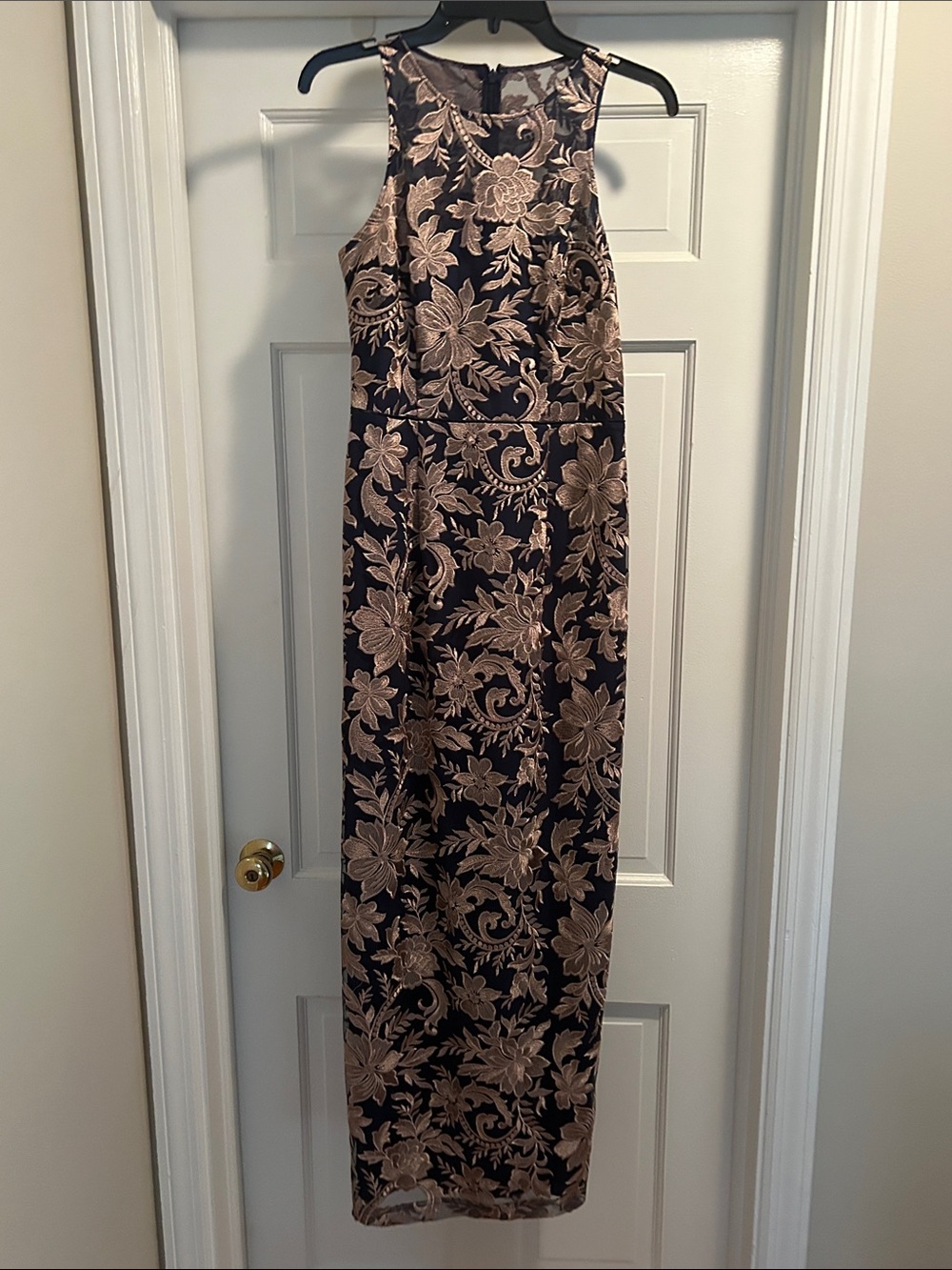JS Collections Beautiful Navy with Rose Gold Floral Jacquard Maxi Dress